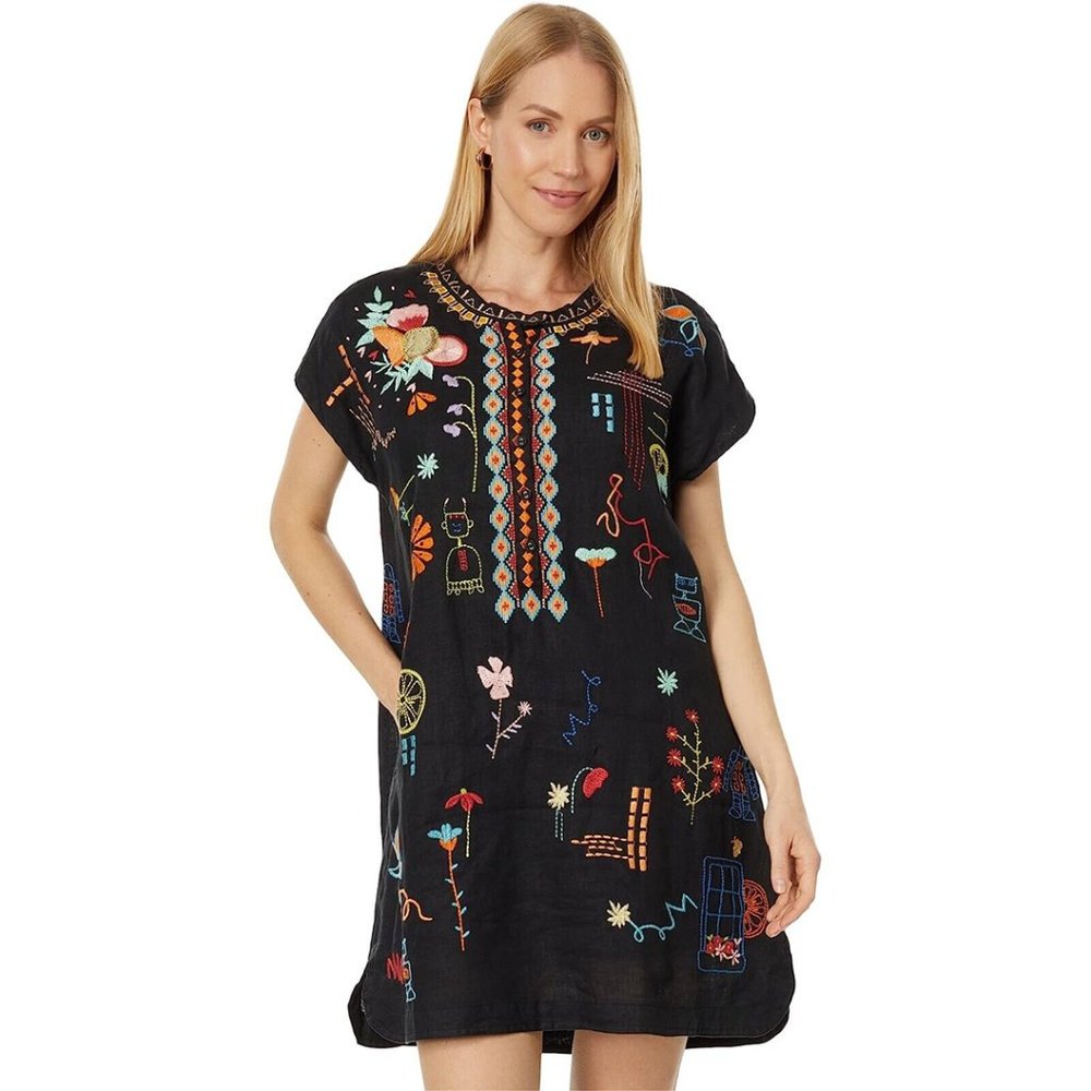 Johnny Was Lemona Dress Floral Embroidery Linen Button Short Flowers Black NEW